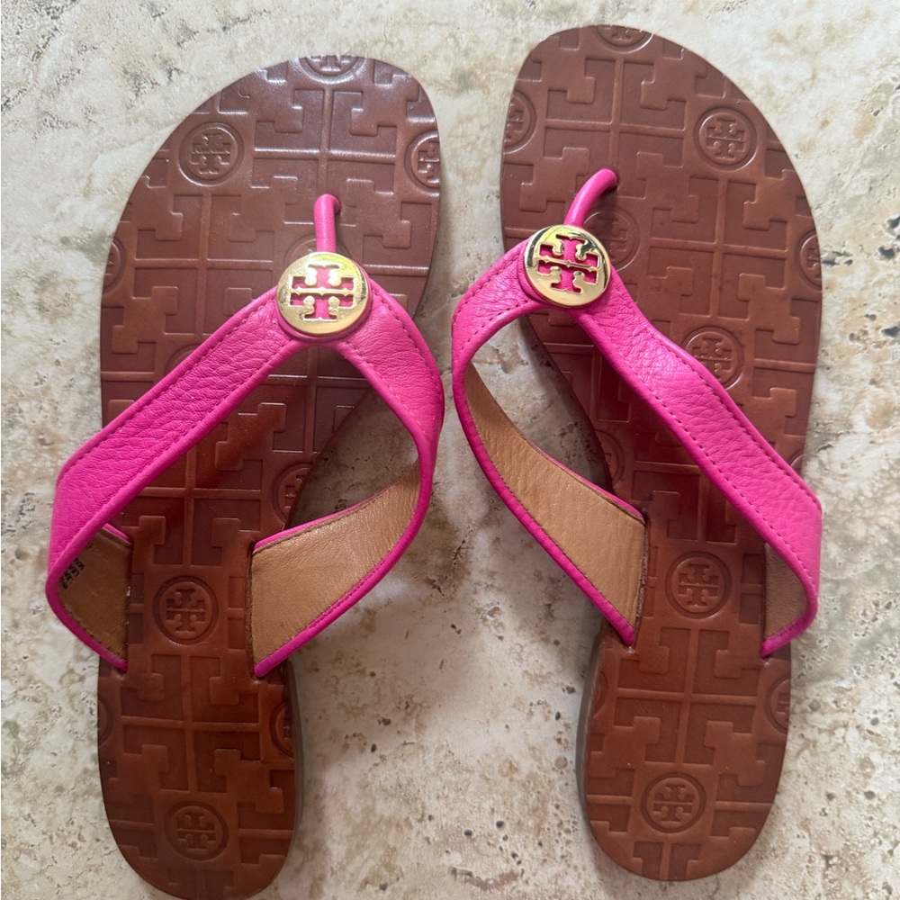 Tory Burch Hot Pink Leather Miller Flip Sandals with Gold Medallions